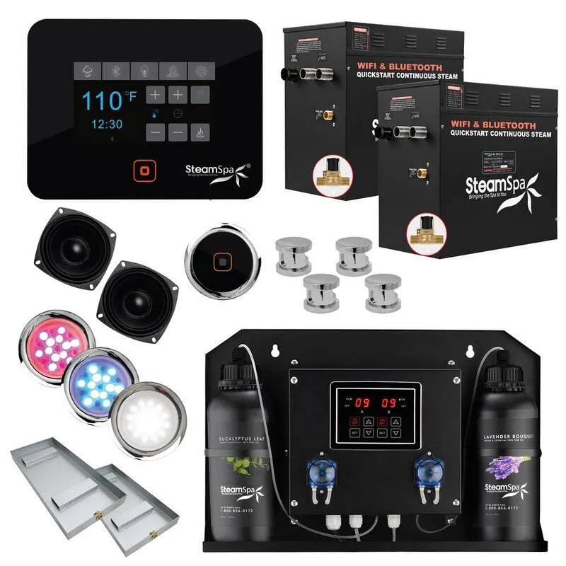 Generator, Serien-Dampfbad-Generator mit Wireless Bluetooth / WiFi-Betrieb und Auto-Drain in poliertem Chrome, Schwarz