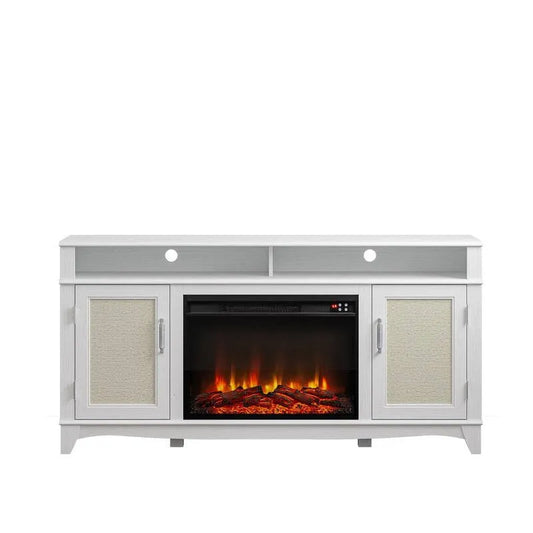FESTIVO, Holz-TV-Ständer elektrischer Kamin in Weiß mit geformter Basis für Fernseher bis zu 65 in., Feuerersatz-TV-Ständer, 63 in