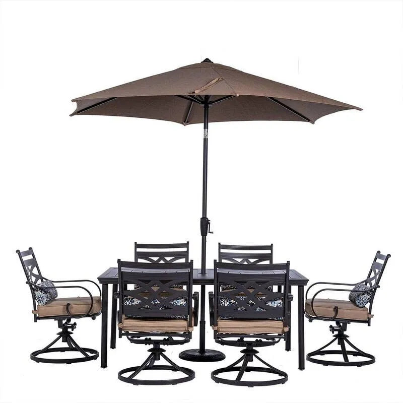 Teil Stahl Garten Essgruppe 7 Teile, 40 in., 66 in., 6 drehbare Schaukelstühle, Tisch und Regenschirm, Montclair