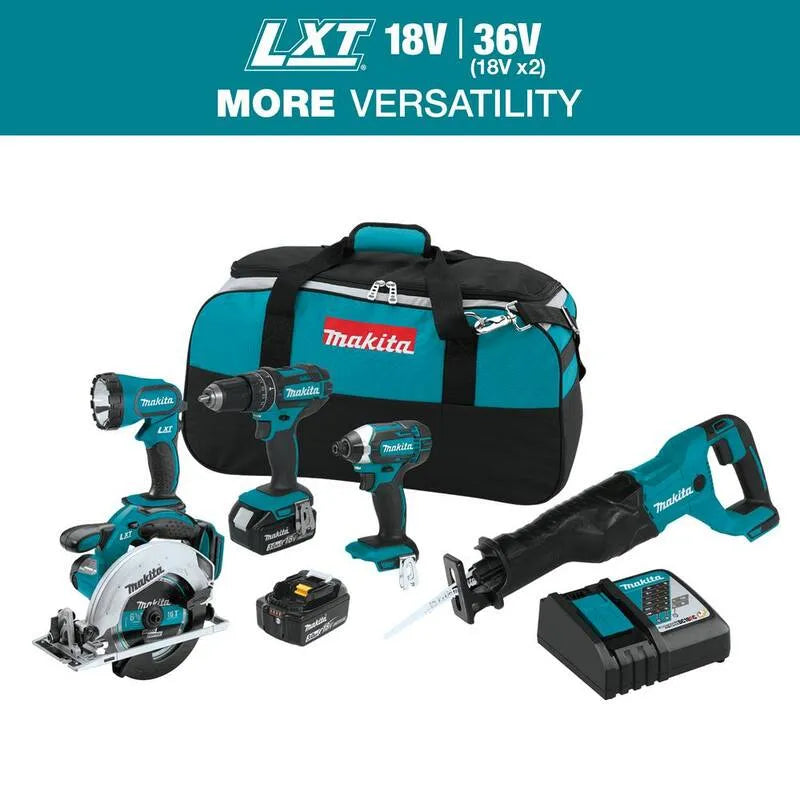 Makita 5-Werkzeug LXT Lithium-Ionen-Kabellose Combo-Kit, Schnurloses Design, 18V, 3, 0 Ah Batterien, Schnellladegerät und Werkzeugtasche, 3.0 Ah
