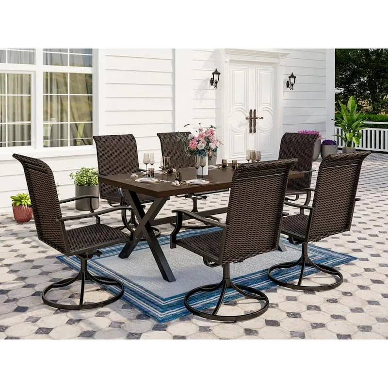 Teil Patio Garten Essgruppe 7 Teile, Patio Garten Essgruppe mit Holz-Look-Muster Metall Rechtecktisch und Rattan Swivel Stuhl