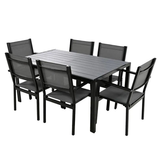 7 Teile Esstisch 7-Stück, Hinterhof in Grau, Balkon, Garten, Metall, Stahl