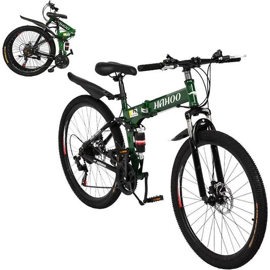 Dual Suspension, Schwarz / Grün 26 Zoll 21 Stufen Folding Mountain Bike mit Carbon Stahl Rahmen Doppelscheibenbremse und, 21 Stufen, 26 inch