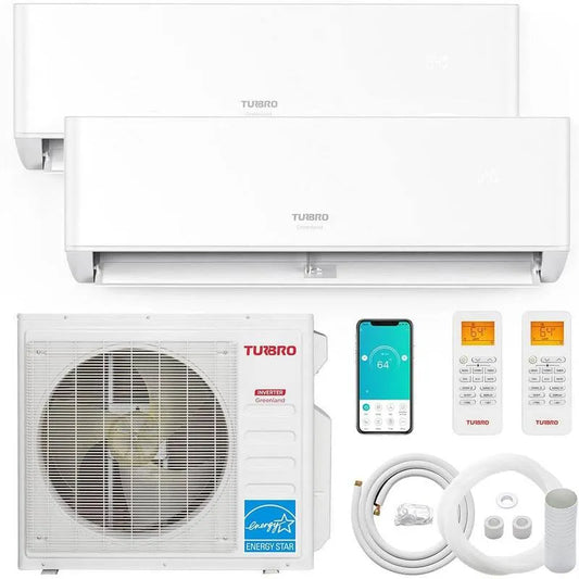 12K+12K 2. 25-Ton kanalloses Mini-Split-System 27000 BTU Zweizonens SEER2, Wärmefunktion, Dual-Basket Cooking, 22 SEER2, 230V, WiFi, 2, 25-Tonne, Grönland 12K + 12K, 27,000 BTU