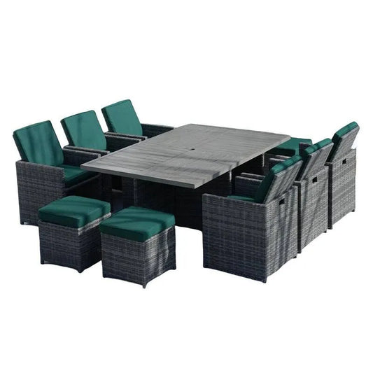 11 Teile Stück Wicker Rechteckiges Garten-Esszimmer-Set 11-Stück, Aluminiumtischplatte, Leitung, Grau, Grün