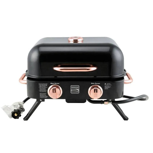 Brenner Retro Tragbarer Propangasgrill 2-Burner, Kompakt Tragbarer Entwurf, Flüssigpropan, Schwarz/Kupfer, Tragbare Gasgrills