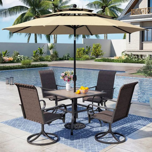 Teil Metal Garten Essgruppe 6 Teile, Metal Garten Essgruppe und Regenschirm mit Swivel Rattan Stuhl