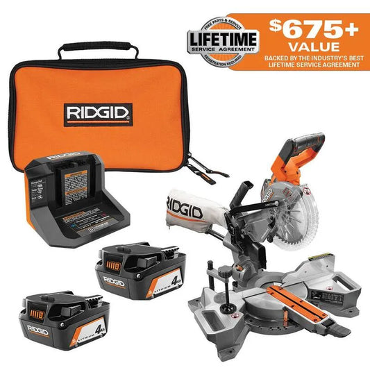 RIDGID Ah Batterien und Ladegerät Kit, 18V, 7-1/4 in., Dual Bevel Sliding Miter Säge, kabellos Design, 4. 0 Ah, bürstenlos, 4.0 Ah